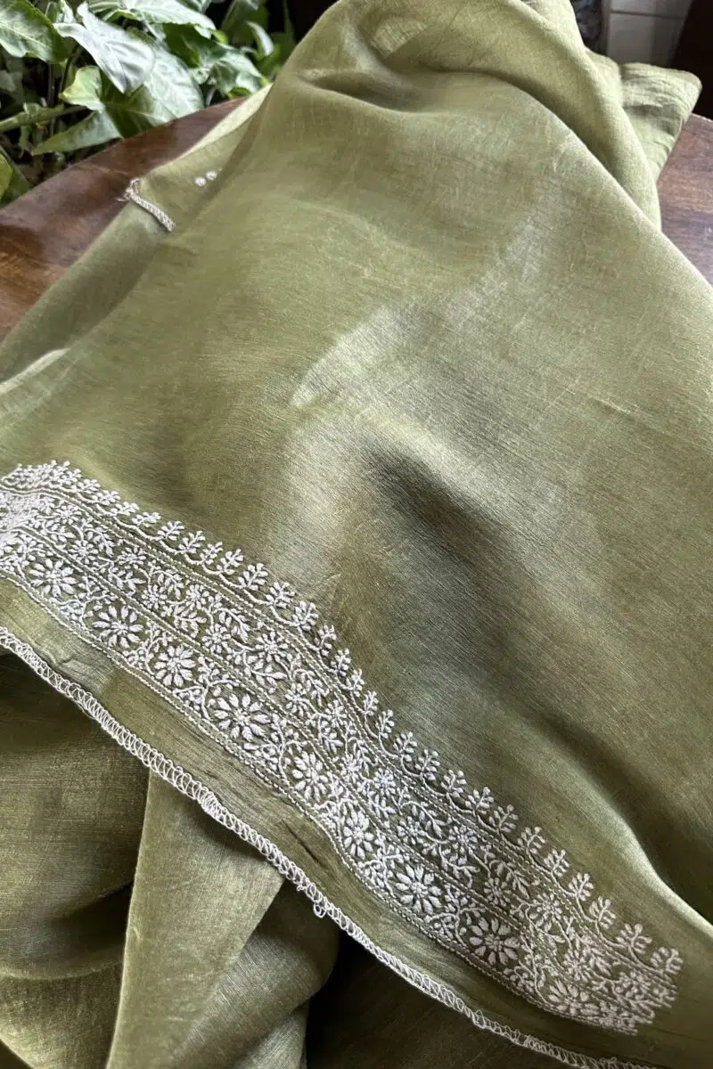 Green Linen Chikankari Unstitched Men's Kurta Fabric