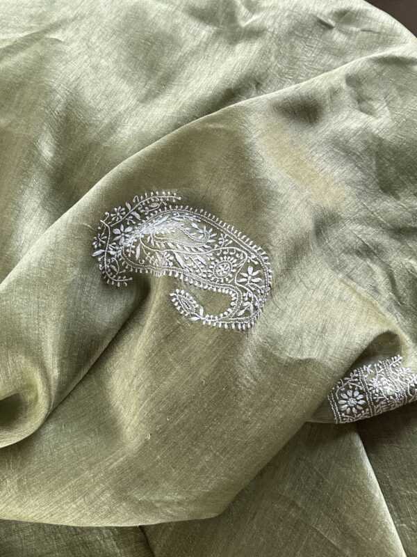 Green Linen Chikankari Unstitched Men's Kurta Fabric - Image 4