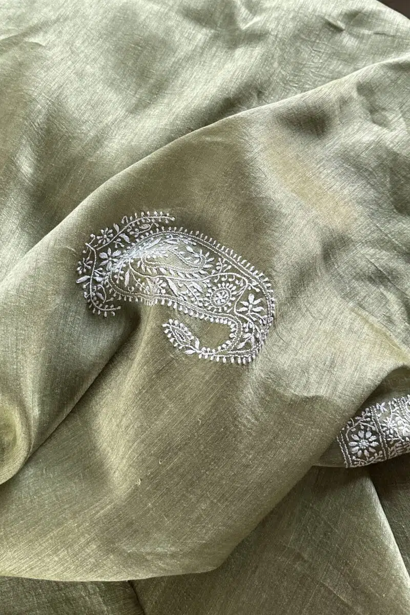 Green Linen Chikankari Unstitched Men's Kurta Fabric
