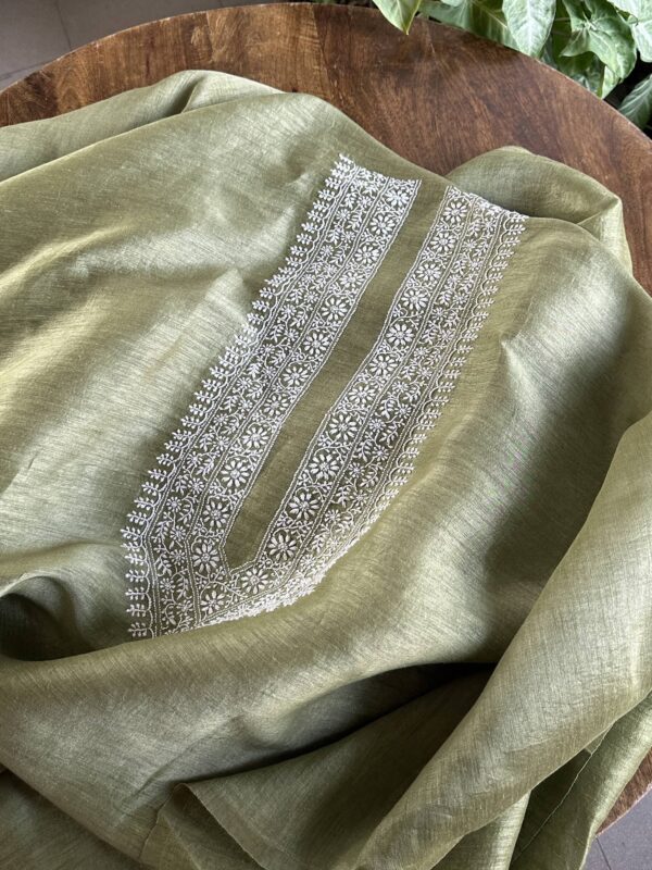 Green Linen Chikankari Unstitched Men's Kurta Fabric - Image 2