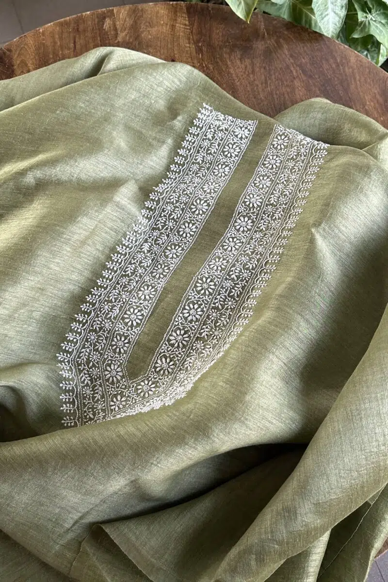 Green Linen Chikankari Unstitched Men's Kurta Fabric