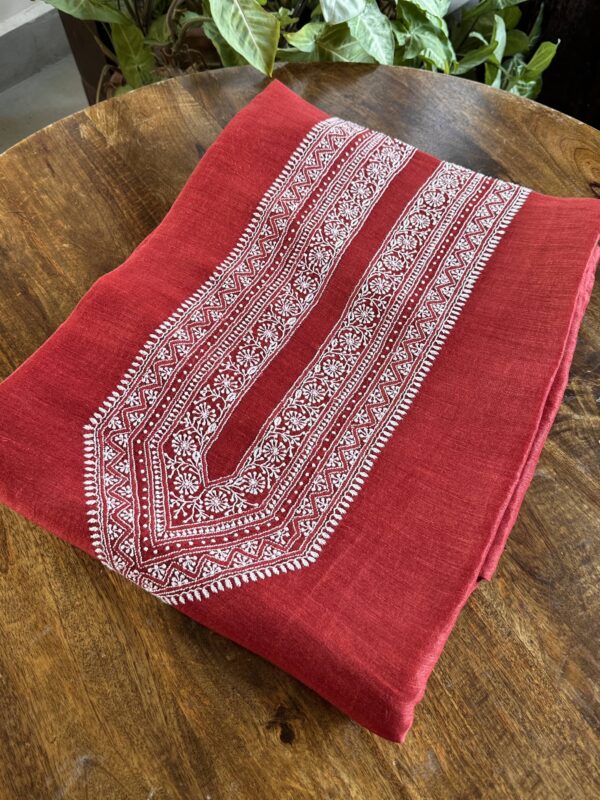 Red Linen Chikankari Unstitched Men's Kurta Fabric - Image 5
