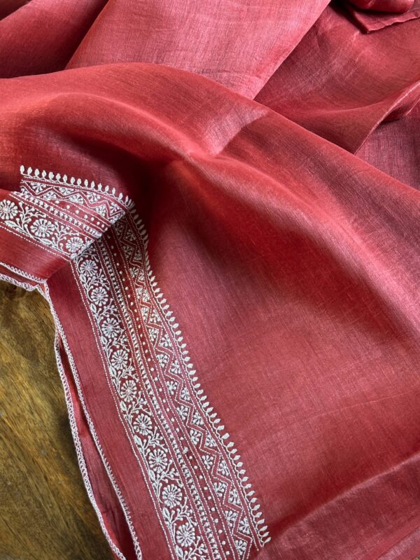 Red Linen Chikankari Unstitched Men's Kurta Fabric - Image 4