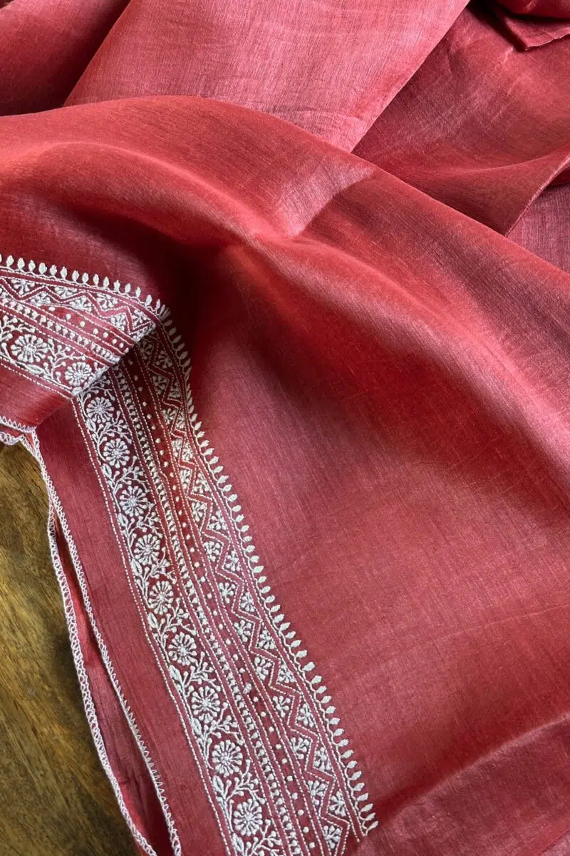 Red Linen Chikankari Unstitched Men's Kurta Fabric