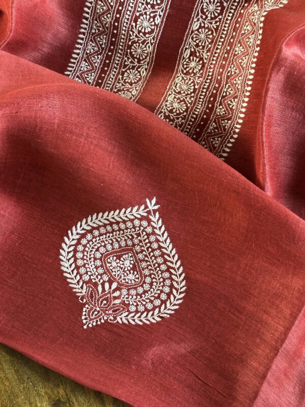Red Linen Chikankari Unstitched Men's Kurta Fabric - Image 6