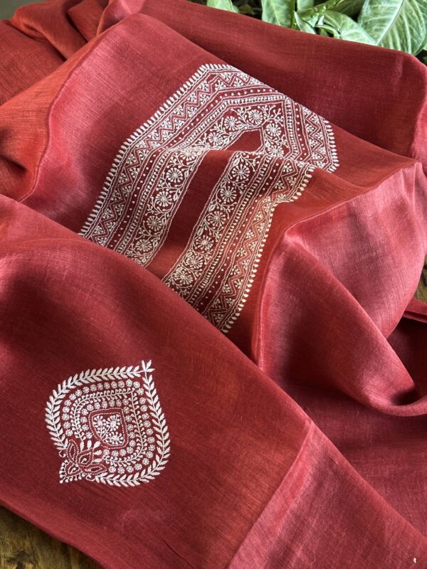 Red Linen Chikankari Unstitched Men's Kurta Fabric - Image 3