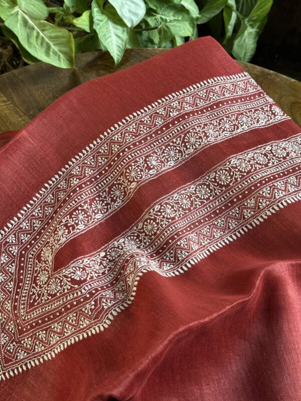 Red Linen Chikankari Unstitched Men's Kurta Fabric - Image 7