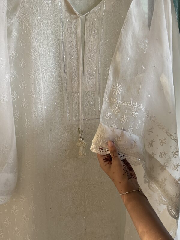 Swan White | Noor Organza Silk Chikankari Straight Cut Kurta Dupatta Set - Image 4