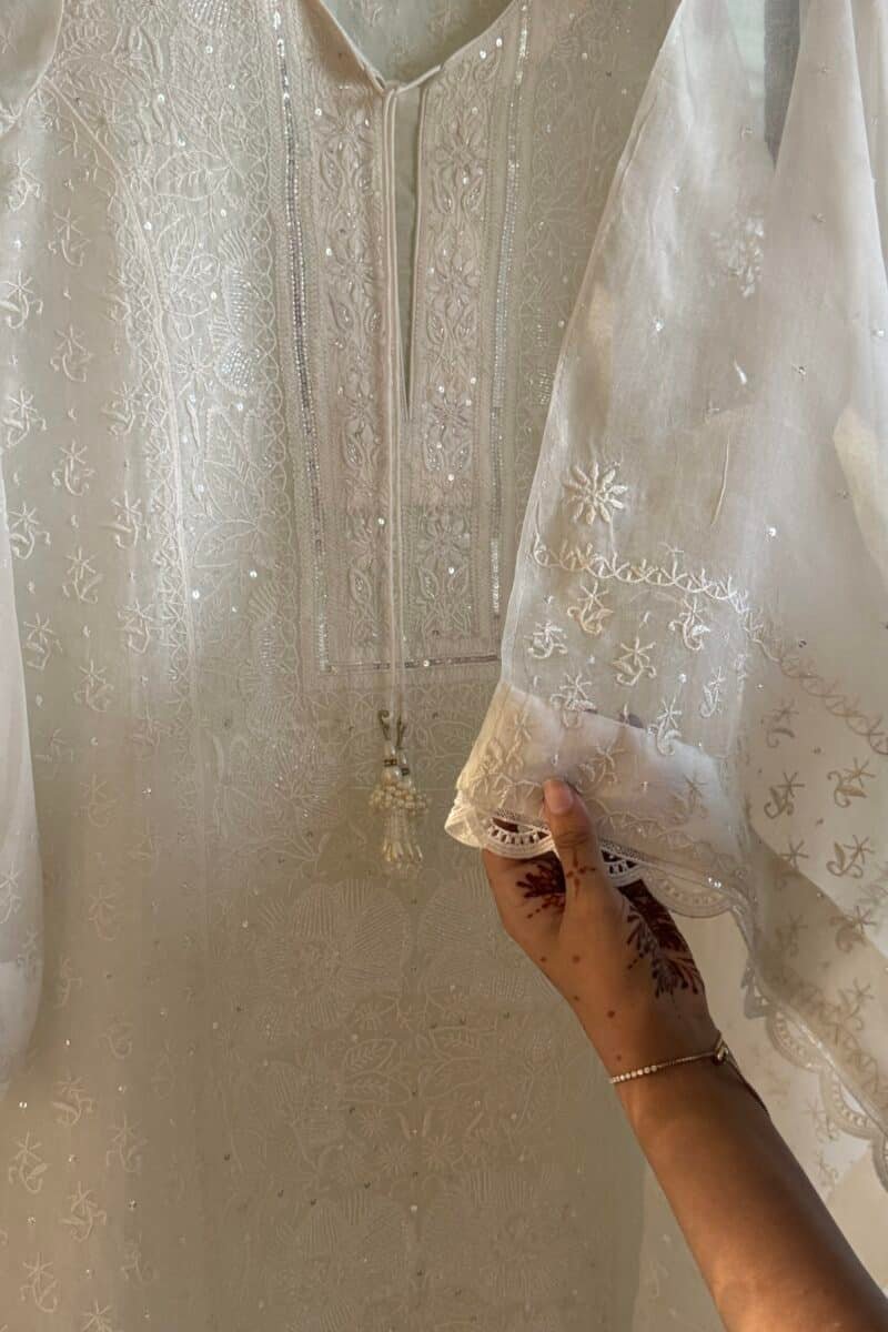 Swan White | Noor Organza Silk Chikankari Straight Cut Kurta Dupatta Set