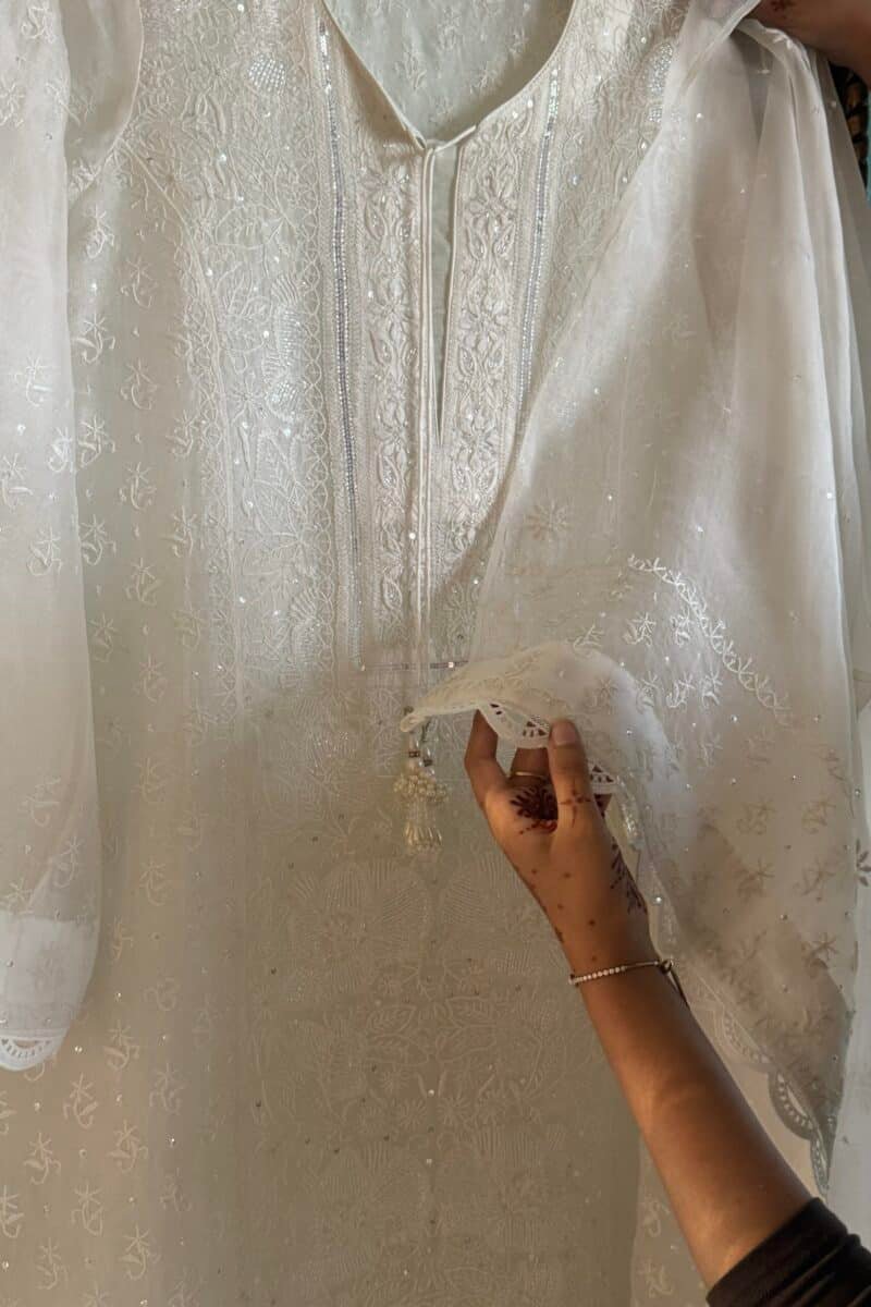 Swan White | Noor Organza Silk Chikankari Straight Cut Kurta Dupatta Set