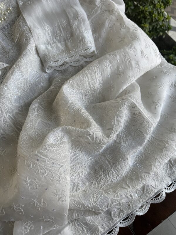 Swan White | Noor Organza Silk Chikankari Straight Cut Kurta Dupatta Set - Image 5
