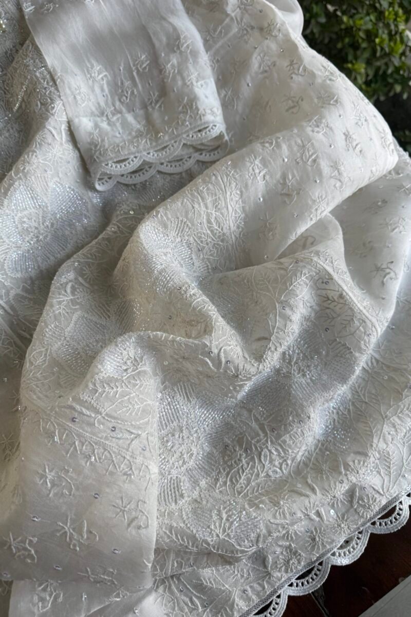 Swan White | Noor Organza Silk Chikankari Straight Cut Kurta Dupatta Set