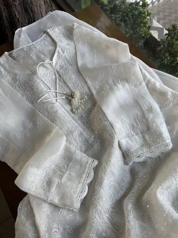 Swan White | Noor Organza Silk Chikankari Straight Cut Kurta Dupatta Set - Image 2