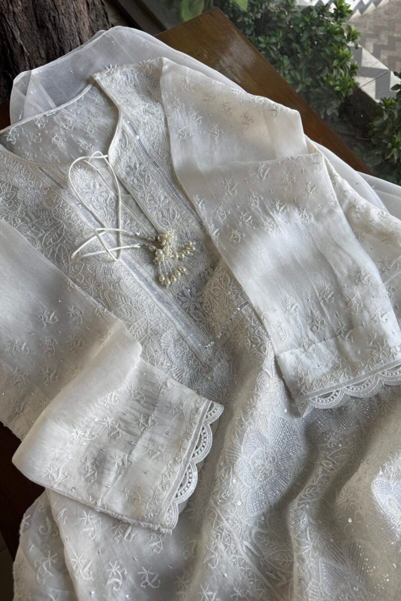 Swan White | Noor Organza Silk Chikankari Straight Cut Kurta Dupatta Set