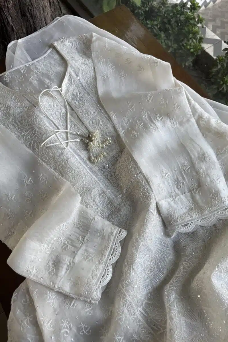 Swan White | Noor Organza Silk Chikankari Straight Cut Kurta Dupatta Set