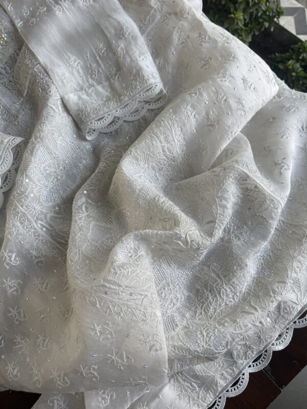 Swan White | Noor Organza Silk Chikankari Straight Cut Kurta Dupatta Set - Image 8
