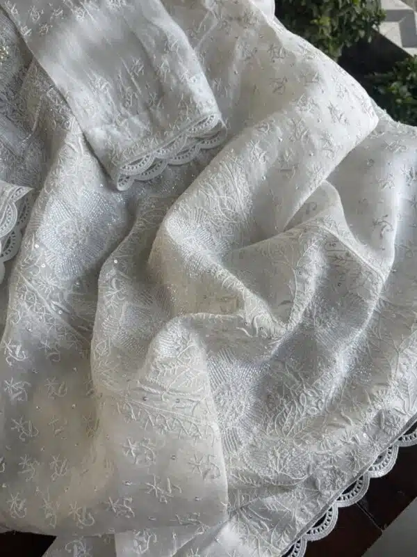 Swan White | Noor Organza Silk Chikankari Straight Cut Kurta Dupatta Set - Image 8