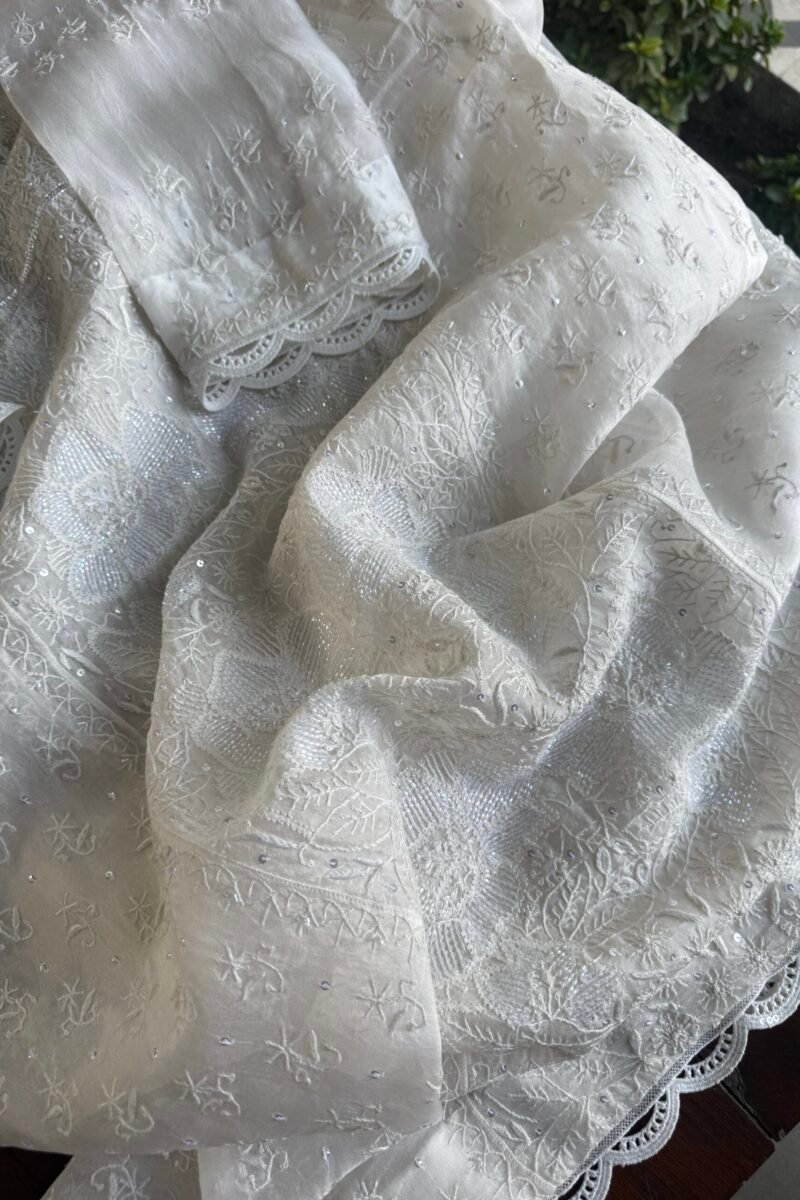 Swan White | Noor Organza Silk Chikankari Straight Cut Kurta Dupatta Set