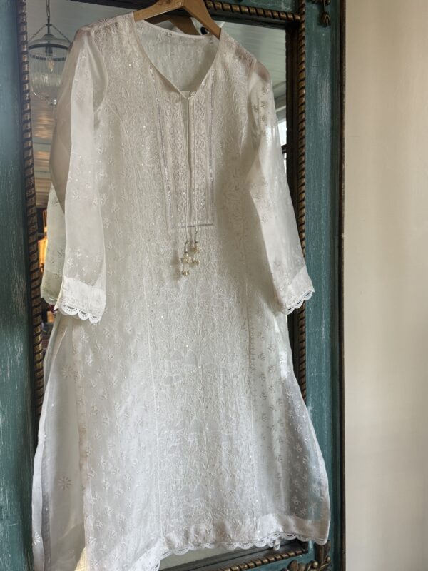 Swan White | Noor Organza Silk Chikankari Straight Cut Kurta Dupatta Set - Image 7