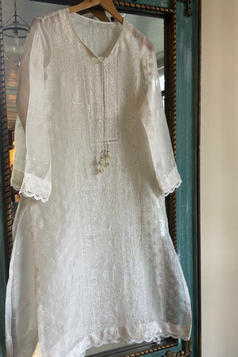 Swan White | Noor Organza Silk Chikankari Straight Cut Kurta Dupatta Set