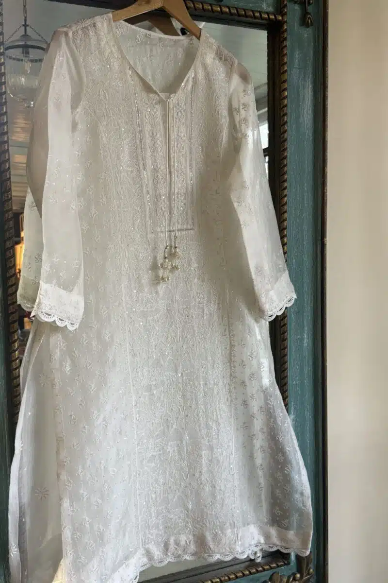 Swan White | Noor Organza Silk Chikankari Straight Cut Kurta Dupatta Set