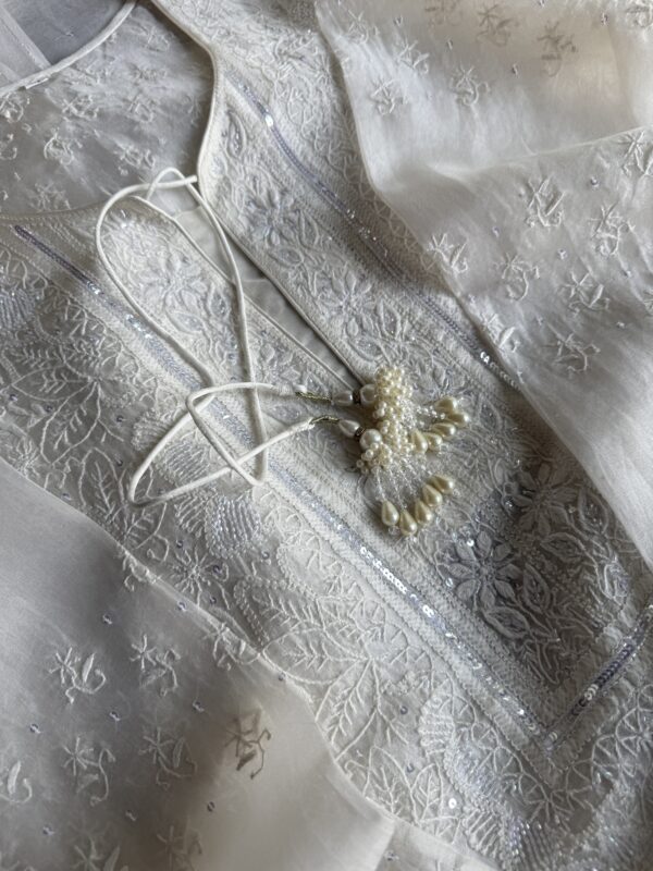 Swan White | Noor Organza Silk Chikankari Straight Cut Kurta Dupatta Set - Image 3