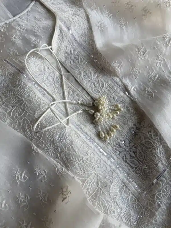 Swan White | Noor Organza Silk Chikankari Straight Cut Kurta Dupatta Set - Image 3