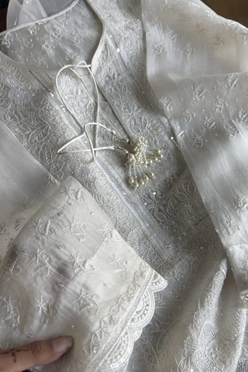 Swan White | Noor Organza Silk Chikankari Straight Cut Kurta Dupatta Set