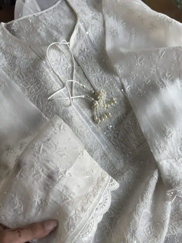 Swan White | Noor Organza Silk Chikankari Straight Cut Kurta Dupatta Set - Image 9