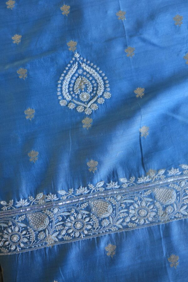 Silk Blue | Zari Chanderi Chikankari Fabrics - Image 16