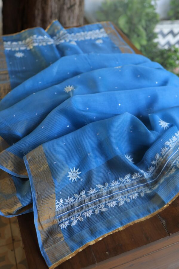 Silk Blue | Zari Chanderi Chikankari Fabrics - Image 14
