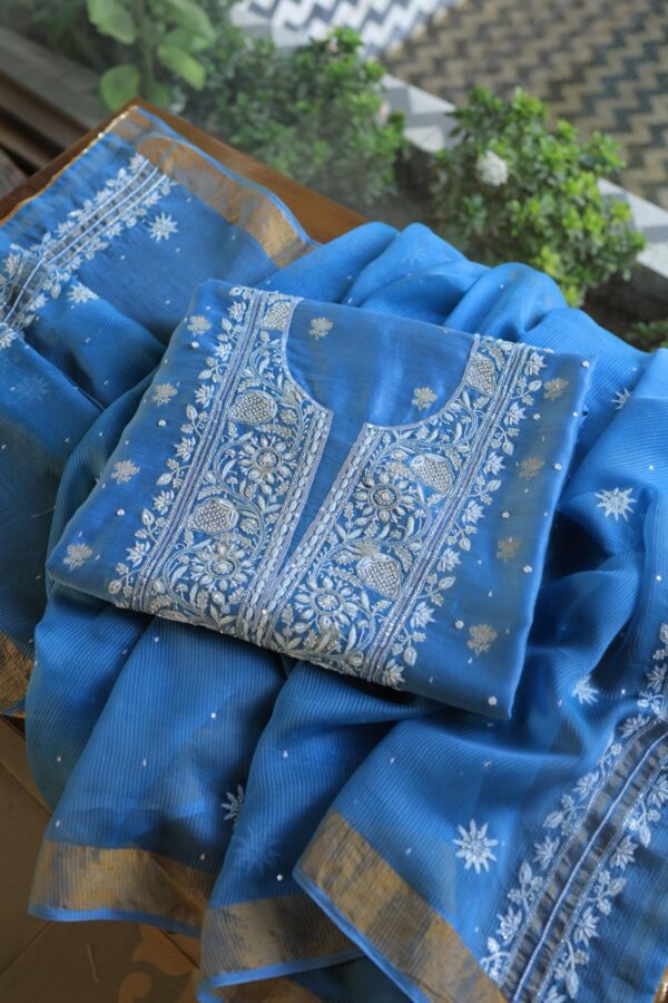 Silk Blue | Zari Chanderi Chikankari Fabrics - Image 4