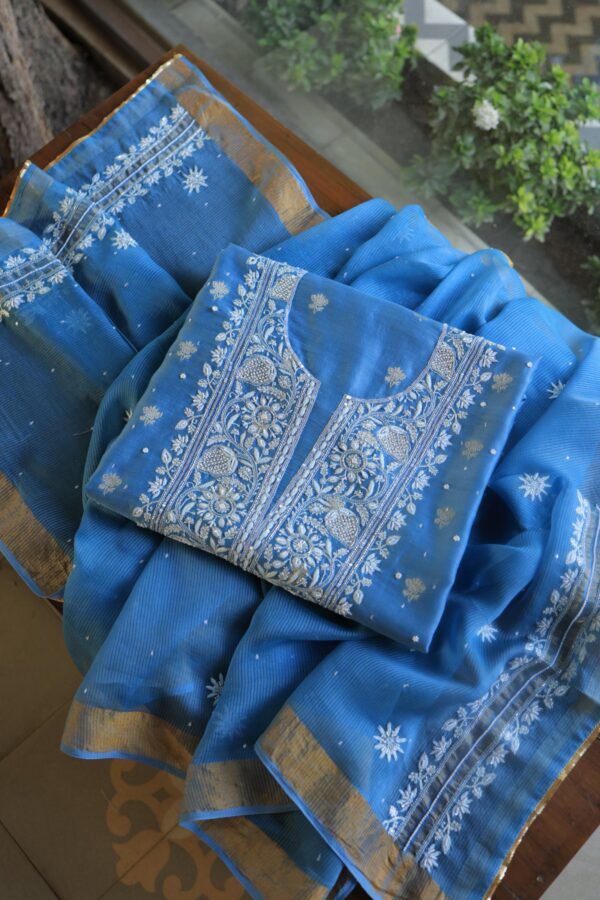 Silk Blue | Zari Chanderi Chikankari Fabrics - Image 17