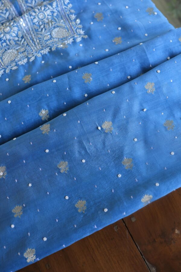 Silk Blue | Zari Chanderi Chikankari Fabrics - Image 10