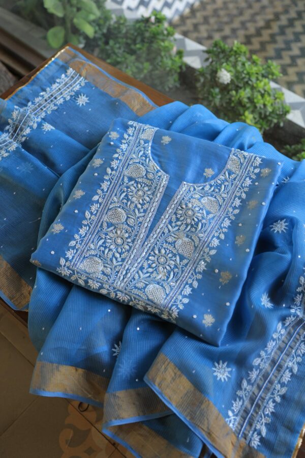 Silk Blue | Zari Chanderi Chikankari Fabrics - Image 5