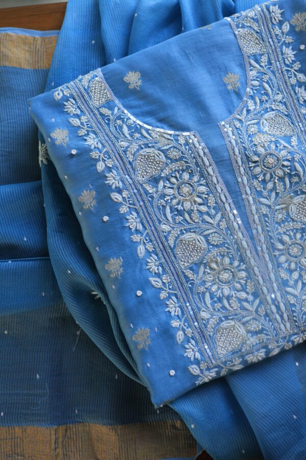 Silk Blue | Zari Chanderi Chikankari Fabrics - Image 6