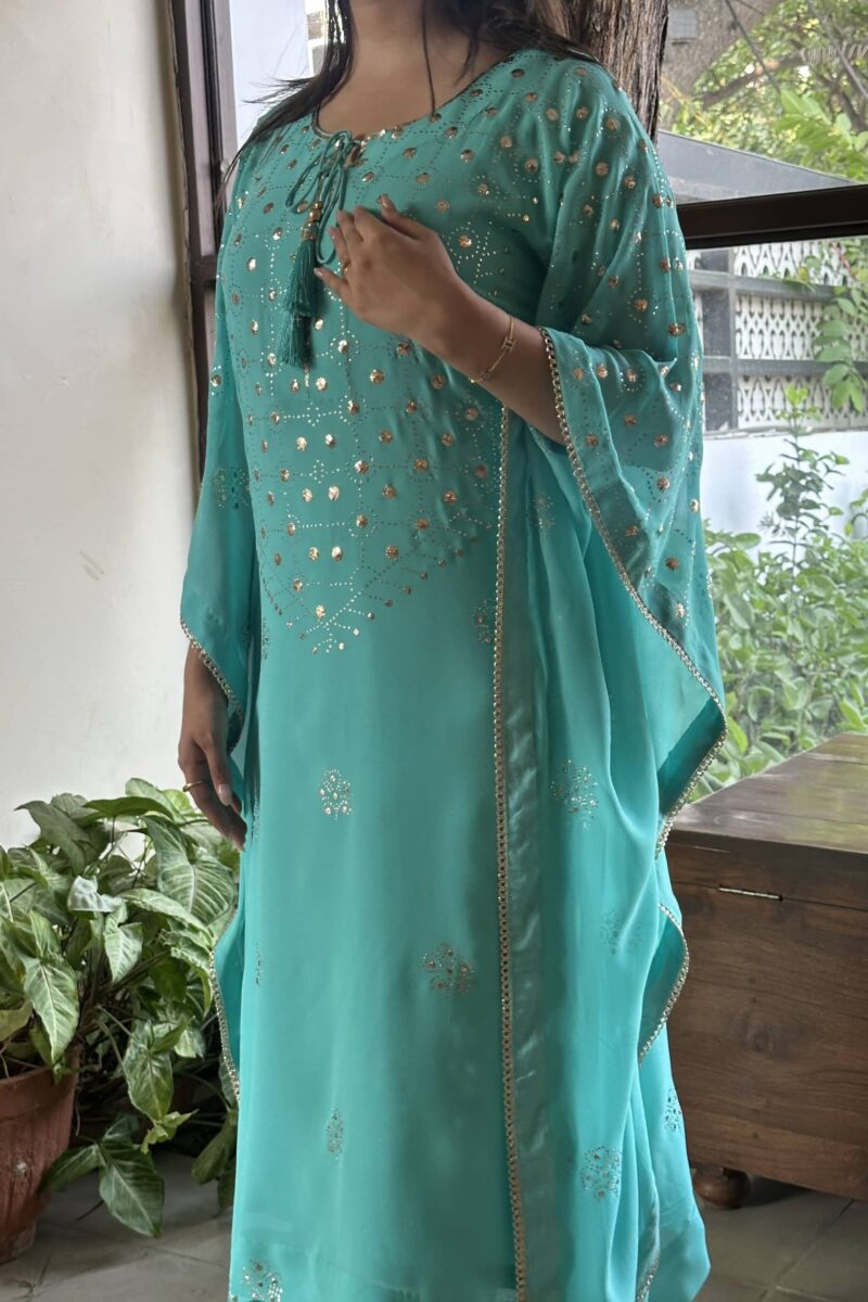 Aqua Blue | Pure Georgette Mukaish Kaftan