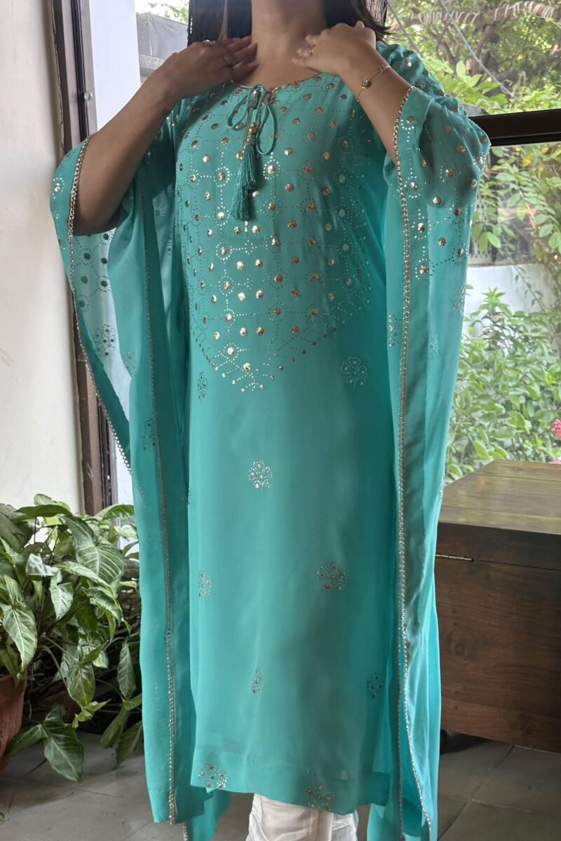 Aqua Blue | Pure Georgette Mukaish Kaftan