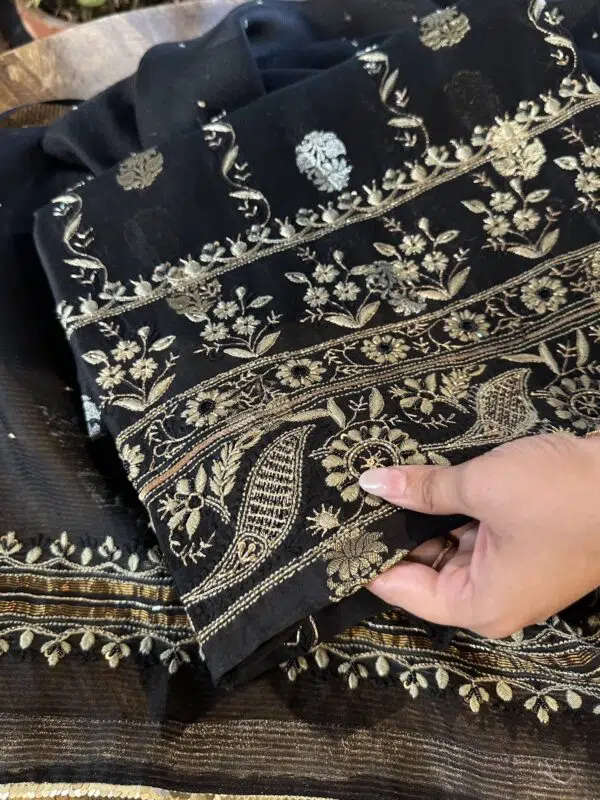 Jet Black | Zari Chanderi Chikankari Fabrics - Image 2