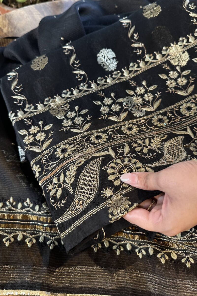 Jet Black | Zari Chanderi Chikankari Fabrics