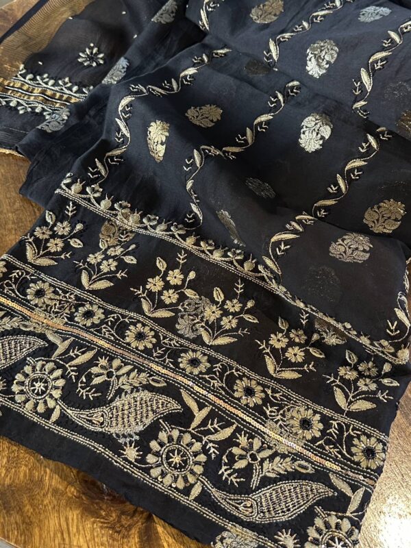 Jet Black | Zari Chanderi Chikankari Fabrics
