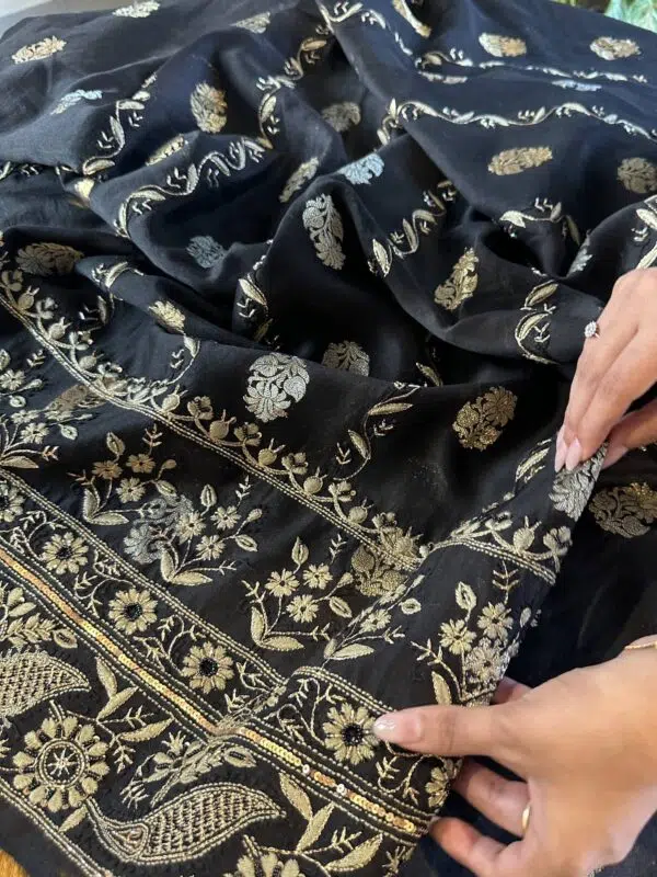 Jet Black | Zari Chanderi Chikankari Fabrics - Image 3