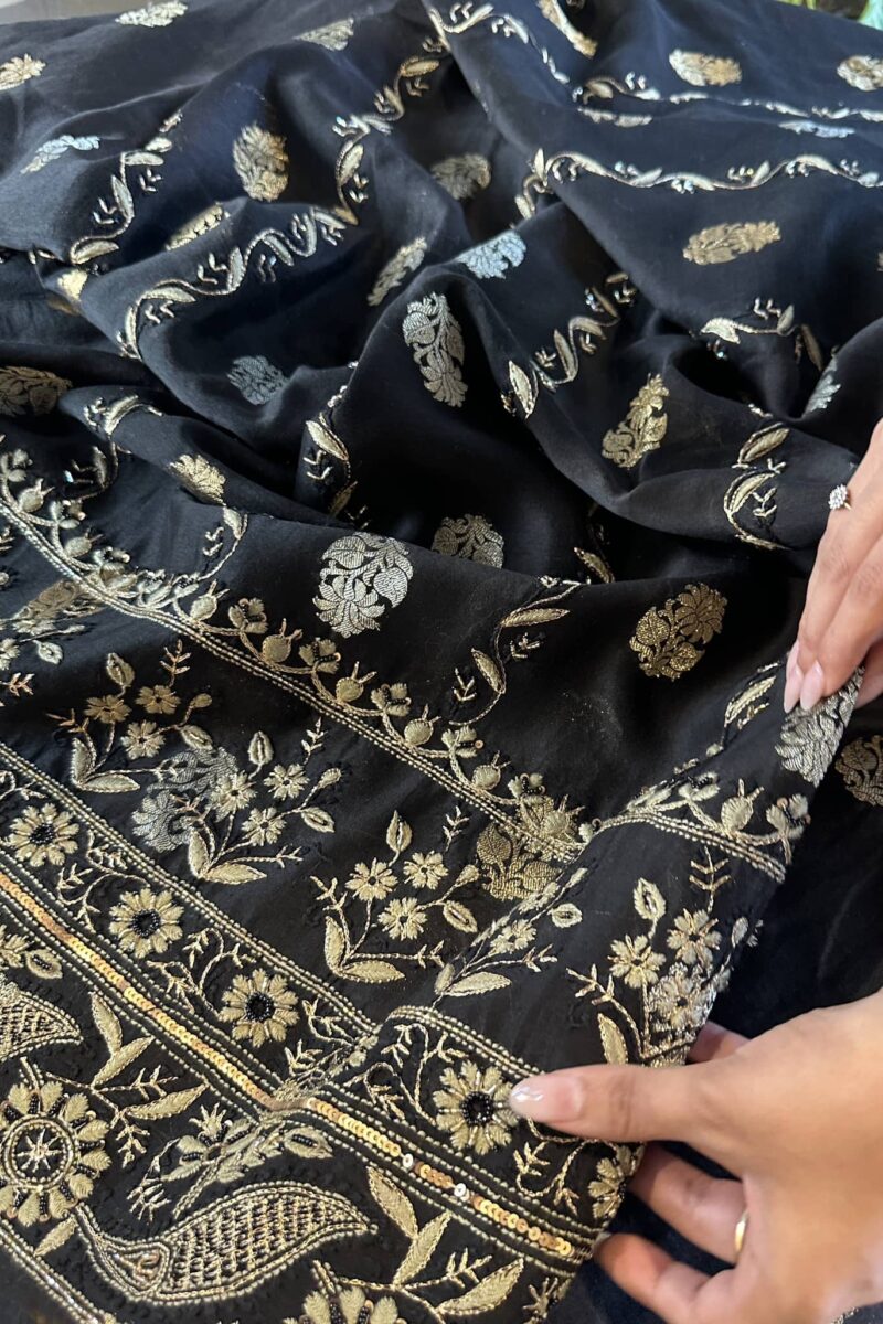 Jet Black | Zari Chanderi Chikankari Fabrics