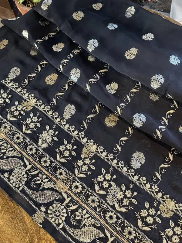 Jet Black | Zari Chanderi Chikankari Fabrics - Image 11