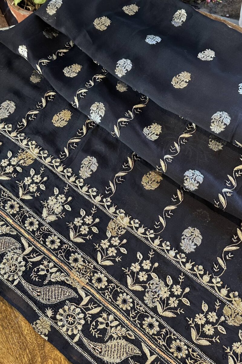 Jet Black | Zari Chanderi Chikankari Fabrics