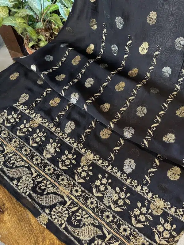 Jet Black | Zari Chanderi Chikankari Fabrics - Image 6