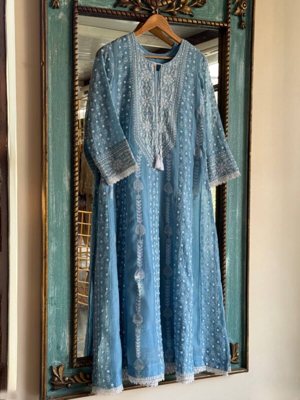 Powder Blue | Mal Chanderi Pearl Work Chikankari Anarkali With Dupatta - Image 5