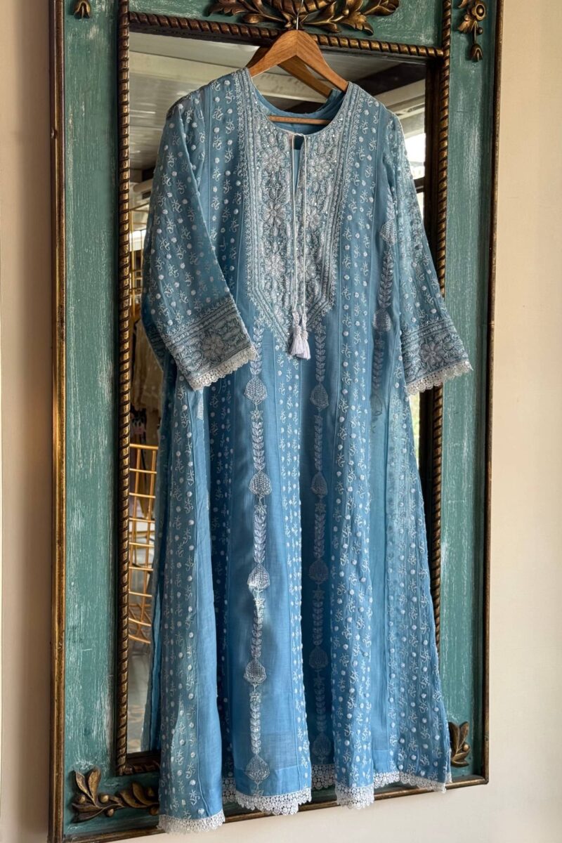 Powder Blue | Mal Chanderi Pearl Work Chikankari Anarkali With Dupatta