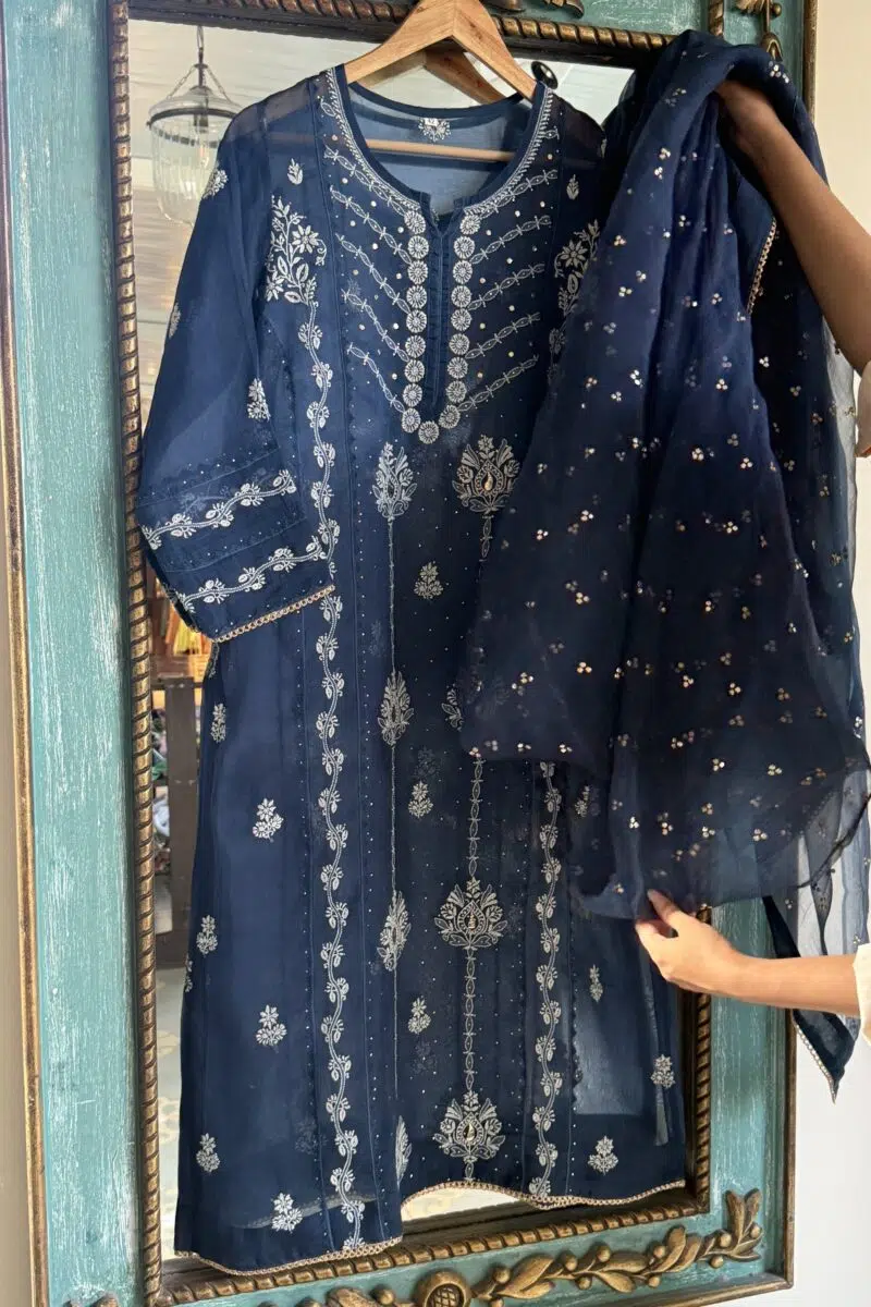 Noor Organza Chikankari Applique Kurta Set | Blue