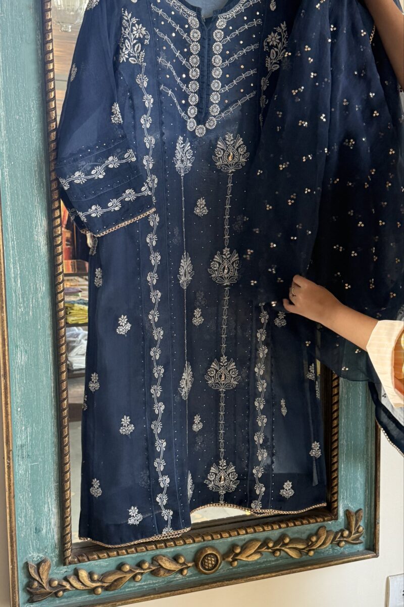 Noor Organza Chikankari Applique Kurta Set | Blue